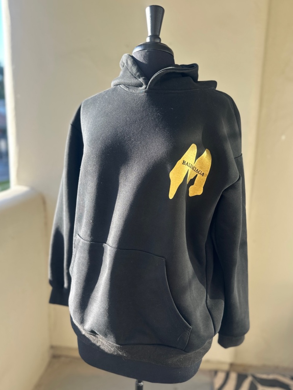 BALENCIAGA Logo Hoodie Black Gold Graphic Oversized M